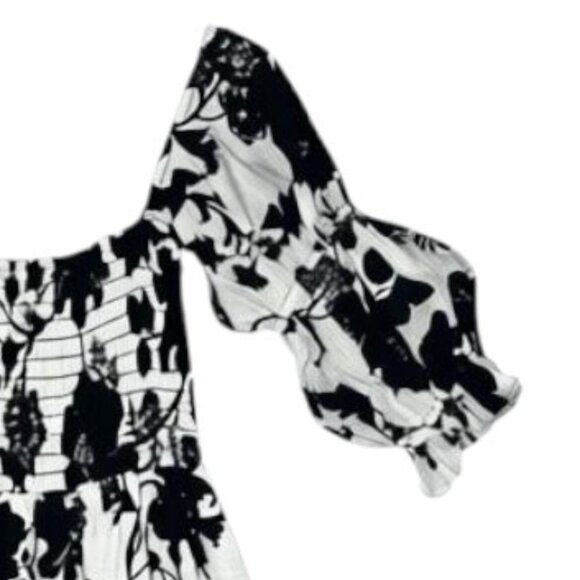 MISA Los Angeles Margarita Dress Black White Floral Smocked Puff Sleeve Midi M - Picture 3 of 10